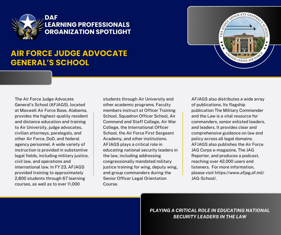Card with text recognizing the Jan '24 LP Organization Spotlight the Air Force Judge Advocate General's School